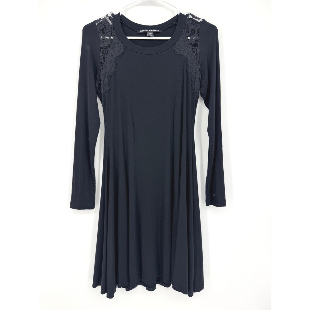 Robert Michaels Black Lace Shoulder Long Sleeve Fit & Flare Dress XS Made in USA
